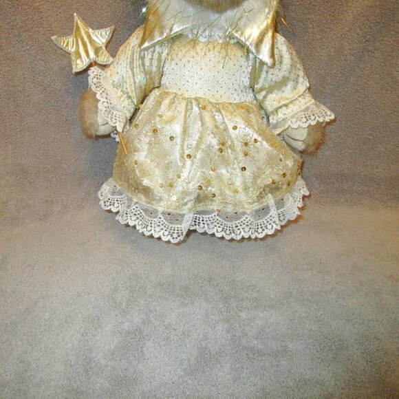 17" Christmas Star FAIRY BEAR Plush GOLD Wand DRESS Standing WOOD Decor VINTAGE - Picture 3 of 12